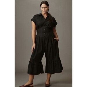 Anthropologie Wide Leg Jumpsuit Black Pleated Shirting Preppy Boho 1X Plus NWT